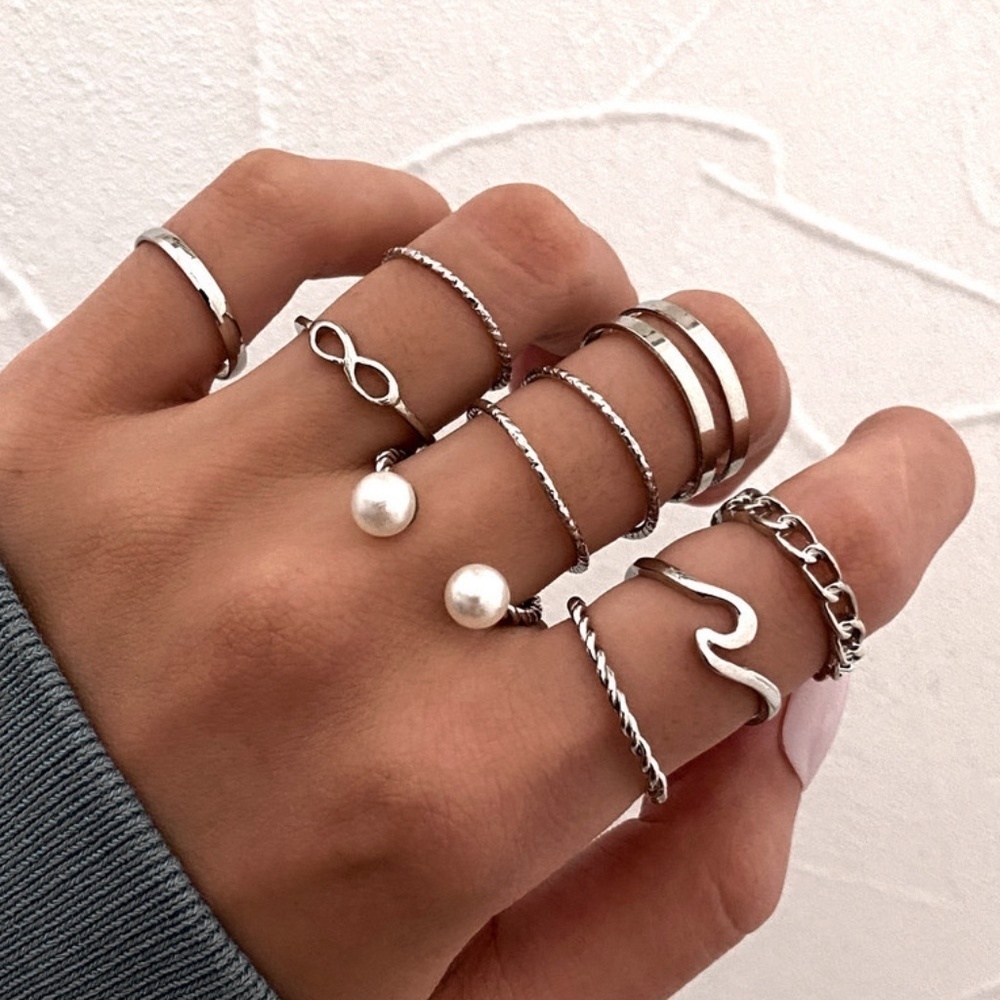*CHARMAINE* 10-Pc Silver Irregular Geometric Hollow Design Fashion Ring Set